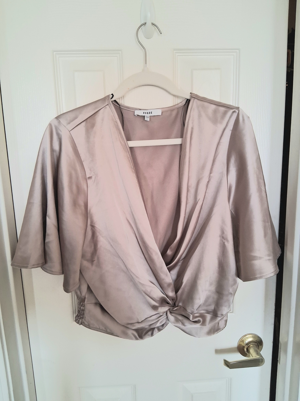 Taupe Satin Twist-Front Crop Top
